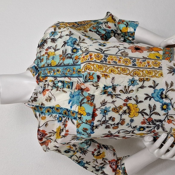 Shana Multicolor Boho Preppy Silk 3/4 Sleeve Floral Imaginarium Dress Size M - Picture 2 of 12